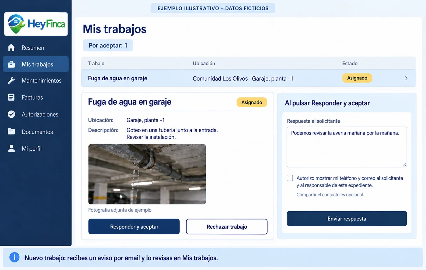 Fictional example: assigned job, description, photo and controls to respond and accept or decline. Sharing phone and email is optional.