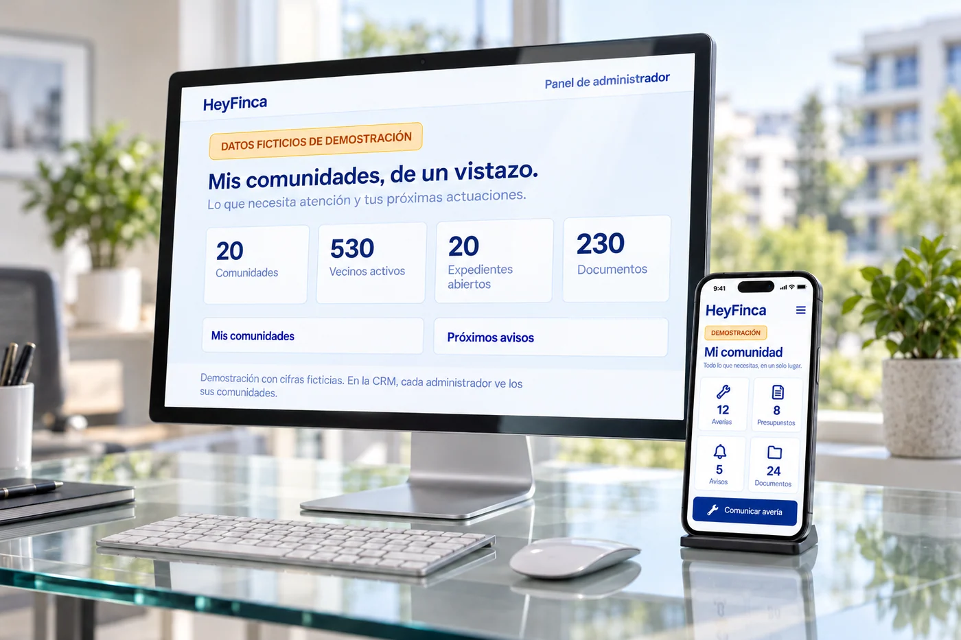 Illustrative view of HeyFinca CRM on desktop and mobile